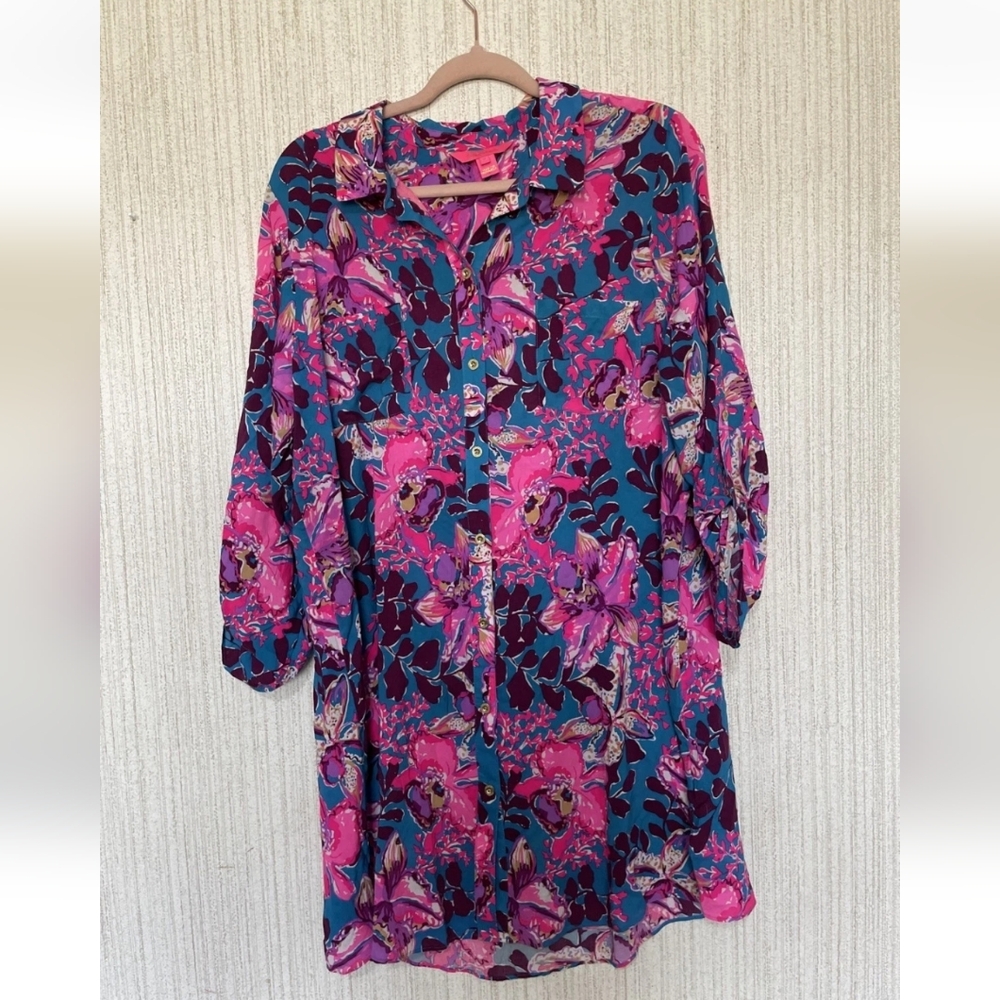 Lilly Pulitzer Size Large Natalie Coverup Blue Rhapsody Orchid You Not